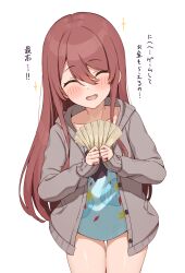 Rule 34 | 1girl, ^ ^, ^o^, absurdres, banknote, blue shirt, blush, brown hair, closed eyes, commentary request, grey jacket, highres, holding, holding money, idolmaster, idolmaster shiny colors, jacket, long hair, money, no pants, osaki tenka, shirt, simple background, smile, solo, straight hair, translation request, very long hair, wanimaru, white background