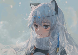 Rule 34 | 1girl, animal ear fluff, animal ears, arknights, bead necklace, beads, braid, breath, chinese commentary, ciloranko, circlet, commentary request, grey eyes, hair between eyes, head chain, highres, jewelry, leopard ears, lips, long hair, looking at viewer, necklace, outdoors, parted lips, portrait, pramanix (arknights), ribbed sweater, side braids, silver hair, snowing, solo, sweater, turtleneck, turtleneck sweater, twin braids, white sweater