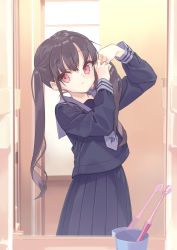 Rule 34 | 1girl, absurdres, arms up, black serafuku, black skirt, blush, brown hair, bunching hair, commentary request, cup, female pov, grey necktie, grey sailor collar, hair between eyes, highres, indoors, leaning to the side, long hair, long sleeves, mirror, miyoshino, necktie, original, pov, red eyes, reflection, sailor collar, school uniform, serafuku, sidelocks, skirt, solo, standing, sunlight, toothbrush, twintails, very long hair, window