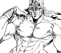 Rule 34 | 1boy, abs, bad id, battle tendency, bb (baalbuddy), bracelet, closed mouth, earrings, greyscale, hand up, hat, hoop earrings, inactive account, jewelry, jojo no kimyou na bouken, looking at viewer, male focus, monochrome, muscular, nude, simple background, solo, turban, wamuu, white background