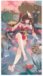 Rule 34 | 1girl, :p, absurdres, akanbe, bare shoulders, barefoot, bell, black choker, black gloves, blush, border, brown hair, cherry blossoms, choker, closed mouth, comet (user fjsa4577), criss-cross halter, crossed legs, day, dress, eyelid pull, falling petals, feet, fence, finger to cheek, fox mask, full body, gloves, halterneck, highres, honkai: star rail, honkai (series), knee up, leaning back, long hair, looking at viewer, mask, mask on head, nail polish, neck bell, o-ring, obi, onsen, outdoors, pelvic curtain, petals, pink eyes, red dress, red nails, sash, short dress, sidelocks, single glove, sitting, sleeveless, sleeveless dress, smile, soles, solo, sparkle (honkai: star rail), stone lantern, toes, tongue, tongue out, twintails, white border, wooden fence