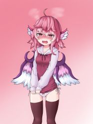 1girl @_@ adapted_costume ahoge animal_ears bad_id bad_pixiv_id bird_ears bird_wings blush brown_shirt brown_thighhighs feathered_wings feet_out_of_frame gradient_background hair_between_eyes haruirokomici highres long_sleeves mystia_lorelei no_headwear no_pants open_mouth panties pink_eyes pink_hair pink_wings shirt short_hair solo thighhighs touhou underwear white_panties white_wings wings