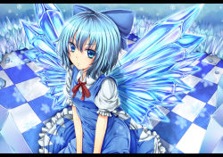 Rule 34 | 1girl, :/, blue eyes, blue hair, blue theme, blush, bow, checkered floor, cirno, dabadhi, dress, hair bow, highres, ice, kneeling, letterboxed, matching hair/eyes, short hair, sitting, solo, touhou, wings