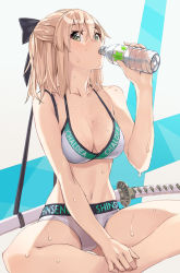 Rule 34 | 1girl, bare arms, bare legs, bare shoulders, bikini, black bow, blonde hair, bow, breasts, cleavage, clothes writing, collarbone, drinking, fate/grand order, fate (series), green eyes, hair between eyes, hair bow, indian style, katana, medium breasts, okita j. souji (fate), okita souji (fate), okita souji (koha-ace), sheath, sheathed, sitting, solo, sweat, swimsuit, sword, two-tone background, weapon, weapon on back, wet, white bikini, yahako