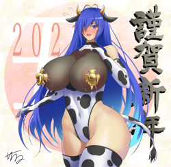 Rule 34 | 1girl, 2021, ahoge, animal print, areola slip, artist name, ass, blue eyes, blue hair, blush, breasts, chinese zodiac, choker, covered navel, cow girl, cow horns, cow print, cow tail, cowboy shot, dripping, elbow gloves, embarrassed, female focus, gloves, hair over one eye, hand on own chest, hatsusora sakuta, highleg, highleg leotard, highres, horns, huge ass, huge breasts, japanese text, lactation, lactation through clothes, leotard, long hair, matching hair/eyes, one eye covered, original, pasties, pubic hair, pubic hair peek, skindentation, tail, thong leotard, very long hair, year of the ox