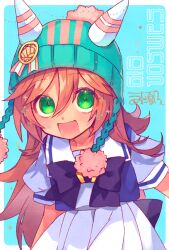 Rule 34 | 1girl, animal ears, beanie, blush, breasts, brown hair, character name, green eyes, hair between eyes, hair ornament, hat, horse ears, horse girl, looking at viewer, open mouth, pom pom (clothes), samson big (umamusume), school uniform, simple background, small breasts, solo, tracen school uniform, umamusume, ume (pickled plum)
