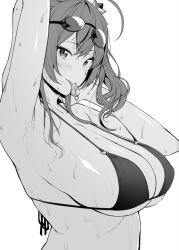 Rule 34 | 1girl, amano don, armpits, azur lane, bare shoulders, bikini, blush, breasts, cleavage, collarbone, goggles, goggles on head, greyscale, large breasts, long hair, looking at viewer, looking to the side, monochrome, mouth hold, side ponytail, sidelocks, simple background, swimsuit, wet, whistle, whistle around neck, zara (azur lane), zara (poolside coincidence) (azur lane)