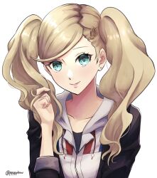 Rule 34 | 1girl, black jacket, closed mouth, collarbone, drawstring, earrings, green eyes, hair ornament, twirling hair, hairclip, hand up, highres, hood, hoodie, jacket, jewelry, long hair, looking at viewer, persona, persona 5, pppppknw, simple background, smile, solo, stud earrings, swept bangs, takamaki anne, twintails, twitter username, upper body, wavy hair, white background, white hoodie
