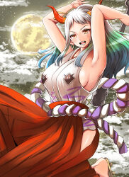Rule 34 | 1girl, absurdres, aqua hair, armpits, artist request, bare shoulders, breasts, feet out of frame, female focus, highres, horns, large breasts, long hair, looking at viewer, multicolored hair, night, one piece, open mouth, orange eyes, outdoors, sideboob, solo, teeth, white hair, yamato (one piece)