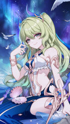 Rule 34 | 1girl, absurdres, armpits, bare shoulders, bird, blue sky, breasts, clam shell, clothing cutout, earrings, fake horns, gem, green eyes, green hair, highres, holding, honkai (series), honkai impact 3rd, horns, jewelry, long hair, looking at viewer, medium breasts, mobius (daughter of corals) (honkai impact), mobius (honkai impact), official art, one-piece swimsuit, pearl (gemstone), side cutout, sitting, sky, slit pupils, smile, star (sky), starry sky, swimsuit, very long hair