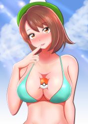 Rule 34 | 1girl, bare shoulders, between breasts, bikini, blue bikini, blush, breasts, brown eyes, brown hair, cleavage, cloud, creatures (company), finger to mouth, game freak, gema sora, gloria (pokemon), hat, head tilt, highres, large breasts, looking at viewer, medium hair, navel, nintendo, outdoors, parted lips, poke ball, poke ball (basic), pokemon, pokemon swsh, sky, solo, swimsuit, upper body