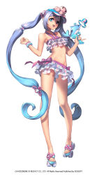 Rule 34 | 1girl, bikini, bikini skirt, blue eyes, blue hair, bracelet, chaos online, flat chest, frilled bikini, frills, full body, gradient hair, highres, jewelry, long hair, looking at viewer, love cacao, matching hair/eyes, multicolored hair, navel, open mouth, roller skates, sandals, silver hair, skates, smile, solo, swimsuit, twintails, tyria (chaos heroes online), tyria (chaos online), very long hair, water gun