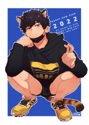 Rule 34 | 1boy, 2022, animal ears, black hair, black hoodie, black male underwear, blush, briefs, bulge, chinese zodiac, closed mouth, eichi (wild chicken), fang, fang out, happy new year, highres, hood, hood down, hoodie, looking at viewer, male focus, male underwear, mask, mask pull, mouth mask, new year, no pants, original, short hair, solo, squatting, tail, thighs, tiger boy, tiger ears, tiger tail, underwear, v, year of the tiger, yellow footwear
