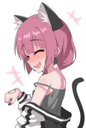 Rule 34 | +++, 1girl, :d, animal ears, bare shoulders, black nails, blunt bangs, blush, bocchi the rock!, cat ears, cat tail, closed eyes, clothes down, commentary, fang, from side, halulu, hand tattoo, highres, hiroi kikuri, jacket, kemonomimi mode, nail polish, open clothes, open jacket, open mouth, paw pose, pink hair, short hair, simple background, smile, solo, strap slip, tail, tail raised, tattoo, white background