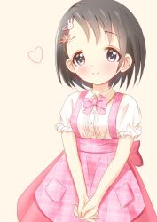 Rule 34 | 1girl, black eyes, blush, brown hair, child, dress, hair ornament, hairclip, highres, idolmaster, idolmaster cinderella girls, idolmaster cinderella girls starlight stage, own hands together, pink background, pink dress, sasaki chie, shisight, short hair, short sleeves, smile, solo, standing