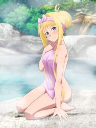 Rule 34 | 1girl, absurdres, alice zuberg, alternate hairstyle, arm support, bath, blonde hair, blue eyes, blush, breasts, closed mouth, collarbone, commentary request, completely nude, covering privates, full body, hair bun, hair intakes, hair up, hairband, highres, holding, holding towel, long hair, looking at viewer, medium breasts, mysteryctu, nude, nude cover, onsen, outdoors, paid reward available, pink hairband, pink towel, single hair bun, sitting, smile, solo, steam, sword art online, sword art online: alicization, towel, tree, water, wet