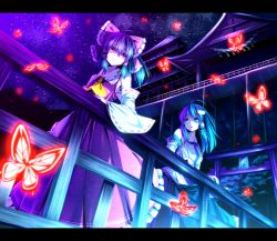 Rule 34 | 2girls, ascot, black hair, bow, bug, butterfly, detached sleeves, female focus, frog hair ornament, green eyes, green hair, hair bow, hair ornament, hair tubes, hakurei reimu, highres, insect, japanese clothes, kochiya sanae, letterboxed, miko, multiple girls, night, open mouth, red eyes, ryosios, shirt, skirt, skirt set, sky, smile, snake, star (sky), torii, touhou