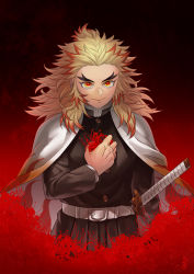 Rule 34 | 1boy, belt, belt buckle, black background, black jacket, blonde hair, buckle, cape, closed mouth, flower, forked eyebrows, gradient background, highres, holding, holding flower, jacket, kimetsu no yaiba, long hair, long sleeves, looking at viewer, male focus, multicolored hair, orange hair, red background, red eyes, red flower, remsor076, rengoku kyoujurou, sheath, sheathed, smile, solo, standing, sword, two-tone hair, weapon, white belt, white cape