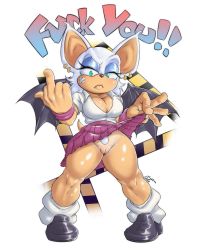 Rule 34 | artist name, bat wings, breasts, cleavage, clothes lift, earrings, fang, fat mons, furry, furry female, gage 199x, green eyes, highres, jewelry, large breasts, loose socks, middle finger, muscular legs, no panties, pubic hair, pussy, rouge the bat, school uniform, sega, shiny skin, shortstack, skirt, skirt lift, socks, sonic (series), sonic (series), tan, tanline, thick thighs, thighs, white hair, wings, wristband