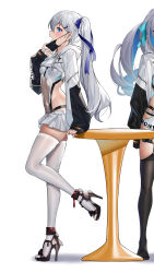 Rule 34 | 2girls, absurdres, bad id, bad pixiv id, blue eyes, breasts, bronya zaychik, bronya zaychik (herrscher of truth), covered navel, full body, grey hair, high heels, highleg, highres, honkai (series), honkai impact 3rd, long hair, long legs, mask, mouth mask, multiple girls, side ponytail, skindentation, small breasts, solo focus, standing, standing on one leg, theresa apocalypse, thighhighs, white thighhighs, yiduan zhu