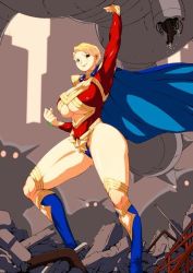Rule 34 | 1girl, arm up, armpits, battle, blonde hair, blue eyes, blue footwear, boots, breasts, building, cable, cityscape, cleavage, cleavage cutout, clenched hand, clothing cutout, damaged, donson, eighth wonder, evil, female focus, from side, glowing, glowing eyes, haruka athena, huge breasts, large breasts, legs apart, leotard, light smile, long legs, looking at viewer, outdoors, robot, ruins, short hair, silhouette, skyscraper, smile, solo, sparks, standing, star (symbol), superhero costume, thick thighs, thighs, thong leotard, toned, turtleneck, uchi no musume ni te wo dasuna!, underboob, underboob cutout