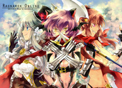 Rule 34 | 3girls, animal ears, armor, assassin cross (ragnarok online), axe, bat wings, belt buckle, bikini, black cape, black gloves, black headwear, black shirt, blue eyes, blue shorts, blue sky, breasts, brown capelet, brown dress, brown gloves, brown hair, buckle, cape, capelet, cat ears, cattail, chinese commentary, cleavage, closed mouth, cloud, commentary request, copyright name, crossed arms, crossed swords, dagger, dated, dress, dual wielding, elbow gloves, fingerless gloves, flower, fur-trimmed capelet, fur-trimmed gloves, fur trim, gauntlets, gloves, grin, hair between eyes, hand up, hat, hat flower, head wings, high wizard (ragnarok online), highres, holding, holding axe, holding dagger, holding knife, holding weapon, in mouth, knife, large breasts, long hair, looking at viewer, looking to the side, medium breasts, midriff, mixed-language commentary, moonbreak, mouth hold, multiple girls, navel, open clothes, open shirt, pauldrons, plant, pointy ears, purple eyes, purple hair, ragnarok online, red flower, red scarf, revealing clothes, scarf, shirt, short dress, short hair, short shorts, shorts, shoulder armor, silver hair, sky, smile, stalk in mouth, star (symbol), strapless, strapless dress, swimsuit, sword, teeth, top hat, torn clothes, torn scarf, two-tone dress, upper body, waist cape, weapon, white bikini, white dress, whitesmith (ragnarok online), wings, yellow eyes
