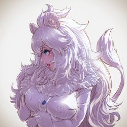 Rule 34 | 10s, 1girl, animal ear fluff, animal ears, blouse, blue eyes, breasts, finger to mouth, fur-trimmed sleeves, fur collar, fur trim, gloves, highres, kemono friends, large breasts, lion ears, lion tail, long hair, long sleeves, nose, open mouth, profile, realistic, shirt, solo, tail, tail raised, takami masahiro, teeth, upper body, very long hair, white gloves, white hair, white lion (kemono friends), white shirt, white theme