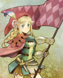 Rule 34 | 1girl, belt, blonde hair, blush, braid, breasts, cape, dress, flag, gauntlets, grand knights history, hat feather, holding, holding flag, lecia (grand knights history), long hair, medium breasts, red headwear, shio (orange lounge), solo, standing