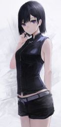 Rule 34 | 1girl, bare arms, bare shoulders, belt, belt buckle, black hair, black shirt, black shorts, breasts, buckle, closed mouth, cowboy shot, earrings, expressionless, grey background, hand up, highres, jewelry, looking at viewer, original, purple eyes, shichi (ratorin53), shirt, short hair, short shorts, shorts, sleeveless, sleeveless shirt, small breasts, solo
