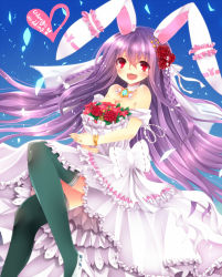 Rule 34 | 1girl, animal ears, black thighhighs, bouquet, bracelet, breasts, bridal veil, bride, character name, choker, dress, flower, gown, hair flower, hair ornament, heart, heart-shaped pupils, highres, jewelry, long hair, mini style gown, necklace, open mouth, petals, purple hair, rabbit ears, red eyes, red flower, red rose, reisen udongein inaba, rose, smile, solo, symbol-shaped pupils, thighhighs, touhou, veil, very long hair, wedding dress, xe-cox