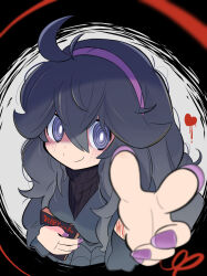 Rule 34 | 1girl, @ @, antenna hair, blood, book, breasts, bright pupils, closed mouth, creatures (company), cuts, diary, dress, fingernails, game freak, grey dress, hair between eyes, hairband, heart, hex maniac (pokemon), highres, holding, holding book, injury, long hair, medium breasts, messy hair, nail polish, nintendo, outstretched arm, outstretched hand, pokemon, pokemon xy, purple eyes, purple hairband, purple nails, rascal (feuille), self-harm, smile, solo, split mouth, turtleneck, white pupils