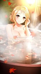 Rule 34 | 1girl, autumn leaves, blonde hair, breasts, brown eyes, cleavage, closed mouth, collarbone, completely nude, doukyuusei 2, doukyuusei another world, game cg, hugging own legs, large breasts, leaf, long hair, looking at viewer, maijima karen, maple leaf, nude, official art, partially submerged, smile, solo