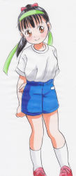 Rule 34 | 1girl, absurdres, arm behind back, arm grab, black hair, blue shorts, blush, bow, breasts, brown eyes, gym uniform, hair bow, headband, highres, kneehighs, long hair, looking to the side, marup, ponytail, red footwear, shirt, shoes, short sleeves, shorts, small breasts, smile, sneakers, socks, standing, white background, white shirt, white socks