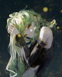 Rule 34 | 1girl, armpit crease, bare shoulders, black background, black sleeves, blurry, bokeh, c.c., code geass, covered mouth, depth of field, detached sleeves, dino (dinoartforame), dress, green hair, hair over mouth, hand in own hair, head tilt, highres, long hair, long sleeves, looking at viewer, messy hair, skinny, sleeveless, sleeveless dress, solo, sparkle, upper body, yellow eyes