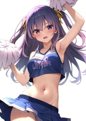 Rule 34 | 1girl, arm up, armpits, bare arms, bare shoulders, blue eyes, blue hair, blue shirt, blue skirt, blush, breasts, cheerleader, cowboy shot, crop top, crop top overhang, frown, hair ribbon, hand up, holding, holding pom poms, karutamo, long hair, looking at viewer, medium breasts, midriff, miniskirt, navel, open mouth, original, panties, panty peek, pleated skirt, pom pom (cheerleading), pom poms, purple hair, rakugaki-chan, ribbon, shirt, simple background, skirt, sleeveless, sleeveless shirt, solo, stomach, sweat, two side up, underwear, v-shaped eyebrows, white background, white panties