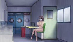 Rule 34 | 1girl, barefoot, blue eyes, breasts, brown hair, completely nude, door, exhibitionism, full body, hands on own chest, highres, indoors, large breasts, laundromat, looking at viewer, mask, mouth mask, navel, nipples, nude, on chair, original, public indecency, rainen ganbarimashita, short hair, sitting, solo, table, window