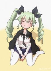Rule 34 | 1girl, anchovy (girls und panzer), anzio school uniform, belt, black belt, black cape, black necktie, black ribbon, black skirt, cape, closed eyes, commentary, dress shirt, drill hair, emblem, from above, girls und panzer, green hair, haiiro purin, highres, long hair, long sleeves, miniskirt, necktie, no shoes, one-hour drawing challenge, pantyhose, pleated skirt, ribbon, riding crop, school uniform, shadow, shirt, sitting, skirt, solo, texture, twin drills, twintails, twitter username, wariza, white pantyhose, white shirt, wing collar