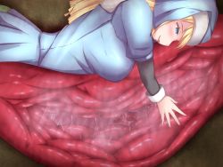 Rule 34 | 1girl, aqua eyes, bad end, blonde hair, blush, bracelet, death, digestion, inside creature, jewelry, lamia, mon-musu quest!, monster girl, nun, ring, sister lamia, smile, solo, stomach, tail, teeny (mon-musu quest!), tongue, unbirthing, vore