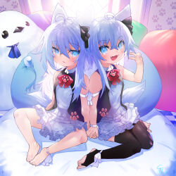 Rule 34 | 2girls, absurdres, ahoge, animal ears, arm up, barefoot, black shirt, black thighhighs, blue eyes, blue hair, dog ears, dog girl, dog tail, dress, fang, feet, highres, holding hands, long hair, looking at viewer, multiple girls, open mouth, original, pillow, ribbon, shirt, side-by-side, sitting, smile, stuffed toy, tail, thighhighs, toba hiyoko, toeless legwear, toes, v, white dress