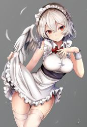 Rule 34 | 1girl, bow, bowtie, dress shirt, expressionless, feathered wings, feathers, frilled skirt, frills, grey background, hair between eyes, high-waist skirt, houdukixx, kishin sagume, long hair, looking at viewer, maid headdress, red bow, red bowtie, red eyes, shirt, silver hair, simple background, single wing, skirt, skirt hold, sleeveless, sleeveless shirt, solo, standing, thighhighs, touhou, white feathers, white shirt, white skirt, white thighhighs, white wings, wings, wrist cuffs, zettai ryouiki