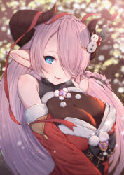 Rule 34 | 1girl, bare shoulders, blue eyes, blush, braid, breasts, commentary request, detached sleeves, draph, fang, fur trim, granblue fantasy, hair ornament, hair over one eye, hairclip, highres, horns, large breasts, lips, long hair, looking at viewer, mistletoe, narmaya (granblue fantasy), narmaya (holiday) (granblue fantasy), obi, parted lips, pointy ears, pom pom (clothes), red ribbon, revision, ribbon, sash, smile, snowman hair ornament, solo, uneg, upper body