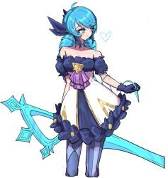 Rule 34 | 1girl, absurdres, ahoge, bare shoulders, black bow, black dress, black gloves, blush, bow, breasts, collarbone, cropped legs, dress, drill hair, frilled dress, frills, gloves, green eyes, gwen (league of legends), hair bow, highres, holding, holding scissors, holding sewing needle, large breasts, league of legends, looking to the side, monakan japan, oversized object, scissors, simple background, smile, solo, swept bangs, twin drills, twintails, white background, white dress