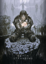 Rule 34 | 2girls, 4boys, 6+others, baby, beached thing, brown hair, character request, closed eyes, copyright name, crack, cracked floor, death stranding, english text, facial hair, floating, formal, gloves, glowing, greyscale, gun, handprint, hands in pockets, heart, highres, holding, holding baby, holding gun, holding umbrella, holding weapon, military, military uniform, military vehicle, monochrome, monster, motor vehicle, multiple boys, multiple girls, multiple others, norman reedus, renkoma, silhouette, solo focus, spot color, suit, tank, umbrella, uniform, weapon