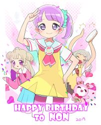 Rule 34 | 3girls, :d, ahoge, arm up, arms up, blue skirt, blunt bangs, blush, bow, character name, closed eyes, collared shirt, commentary request, confetti, dress, folding fan, grey hair, hair ornament, hair scrunchie, hand fan, hand on own hip, hands up, happy birthday, heart, holding, holding fan, instrument, long hair, long sleeves, looking at viewer, manaka non, moudoku (decopon3rd), multiple girls, neckerchief, open mouth, paprika private academy school uniform, pink bow, pink neckerchief, pleated skirt, pretty series, pripara, purple eyes, purple hair, sailor collar, school uniform, scrunchie, shirt, short dress, short hair, short sleeves, side ponytail, skirt, smile, standing, stuffed animal, stuffed rabbit, stuffed toy, taiyo pepper, tambourine, tsukikawa chili, two side up, usacha, v, white sailor collar, white shirt, yellow dress