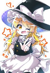 Rule 34 | 1girl, apron, blonde hair, blush, bow, braid, buttons, commentary, cowboy shot, frilled apron, frills, hand on own hip, hat, hat bow, heart, highres, kirisame marisa, long hair, looking at viewer, one eye closed, open mouth, pokopoko ponzu, puffy short sleeves, puffy sleeves, shirt, short sleeves, simple background, smile, solo, star (symbol), swept bangs, touhou, v, waist apron, white apron, white background, white bow, white shirt, witch hat, yellow eyes