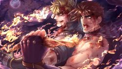 Rule 34 | 2boys, battle tendency, blonde hair, blood, blood on face, brown hair, burning, caesar anthonio zeppeli, facial mark, feather hair ornament, feathers, fingerless gloves, fire, full moon, gloves, green eyes, grin, hair ornament, jojo no kimyou na bouken, joseph joestar, joseph joestar (young), male focus, moon, multiple boys, nosebleed, open mouth, pihoshii, scarf, smile, striped clothes, striped scarf