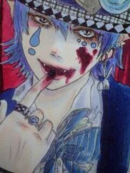 Rule 34 | 1boy, blood, blue hair, candy, chupa chups, earrings, facepaint, fangs, food, formal, hat, jewelry, lollipop, lowres, mouth hold, neck ribbon, original, personification, ribbon, suit, traditional media, tuxedo
