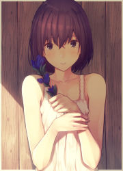 Rule 34 | 1girl, bare shoulders, black eyes, blue flower, blush, brown hair, collarbone, commentary request, dress, fence, flower, fujiwara mizuki, hair between eyes, hands up, head tilt, highres, holding, holding flower, looking at viewer, original, parted lips, sleeveless, sleeveless dress, solo, tears, upper body, white dress, wooden fence