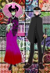 Rule 34 | 1boy, 1girl, \m/, bad id, bad pixiv id, claude frollo, cloak, colored sclera, colored skin, crossover, fake horns, floral print, green eyes, green skin, grey hair, hat, horned headwear, horns, japanese clothes, katana, kimono, maleficent, marimo (yousei ranbu), one man&#039;s dream ii, parasol, peaked cap, planted, planted sword, planted weapon, sheath, sheathed, short hair, sleeping beauty, sword, the hunchback of notre dame, translation request, umbrella, weapon, yellow sclera, aged down