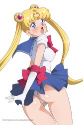 Rule 34 | 1girl, animanghayo, ass, bishoujo senshi sailor moon, blonde hair, blue eyes, blue sailor collar, blue skirt, blush, bow, breasts, clothes lift, covered erect nipples, earrings, embarrassed, eyebrows, eyelashes, female focus, from behind, gloves, highres, jewelry, long hair, magical girl, medium breasts, open mouth, panties, red bow, sailor collar, sailor moon, scared, shirt, short sleeves, simple background, skirt, skirt lift, solo, tsukino usagi, twintails, underwear, white background, white gloves, white panties, white shirt